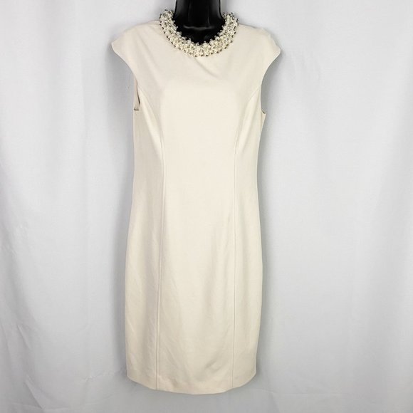 Betsey Johnson Dresses & Skirts - Betsey Johnson Scuba Crepe Pearl Collar Sheath Dress Almond Size 6